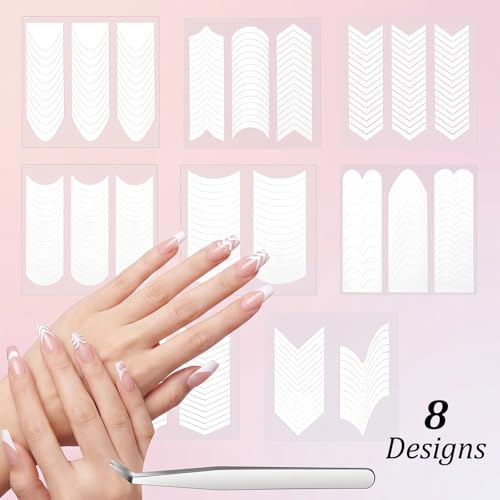 Ouligay 80 Sheets French Tip Nail Stickers, 8 Designs Manicure Guide Strips