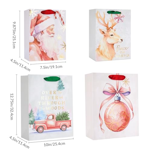 Jotique 4-Pack Pink Christmas Gift Bags with Tissue Paper, Medium