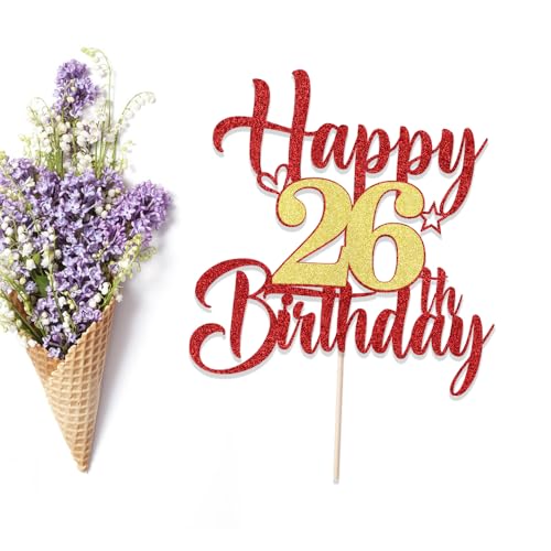 Happy 26th Birthday Cake Topper - Red Gold Glitter Decoration