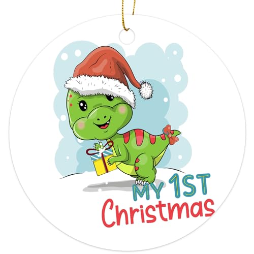 Christmas Ornament 3 Inch PVC Decor for Xmas Tree - Cute Dinosaur with Presents