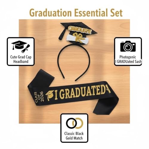 Embroidered Class of 2026 Graduation Stole and Golden Hairband Set