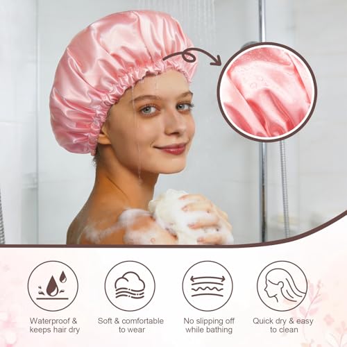 Confvrter Satin Lined Shower Cap Waterproof for Curly Hair Peach Pink