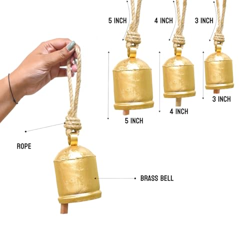 Christmas Hanging Large Cow Bells - Rustic Golden Metal Bells for Farmhouse, Garden & Holiday Décor (Medium 5”4”3” Inch)