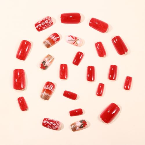 BABALAL Red Christmas Press on Nails Medium Square Gold Glitter False Nails