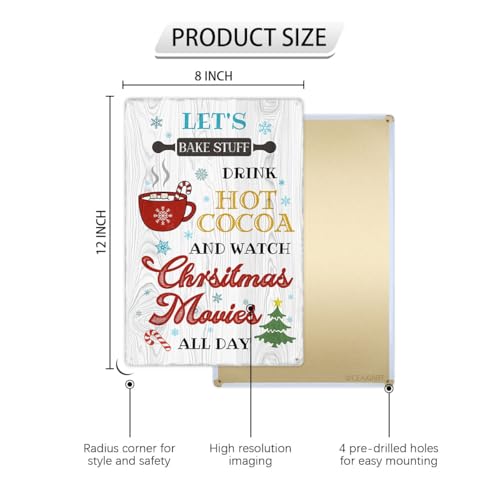 Funny Christmas Metal Sign - Let's Bake & Drink Hot Cocoa - 8x12 Inch