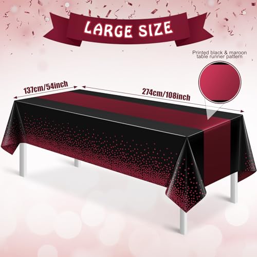 Black and Maroon Tablecloths - 3 Pack Disposable Party Covers 54x108"