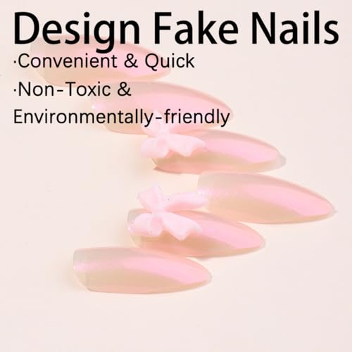 clvpai Pink Glossy Almond Press on Nails with 3D Bow Coquette Design