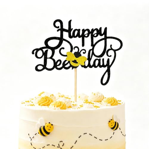 Happy Bee Day Cake Topper - Black Glitter Bumble Bee Decoration