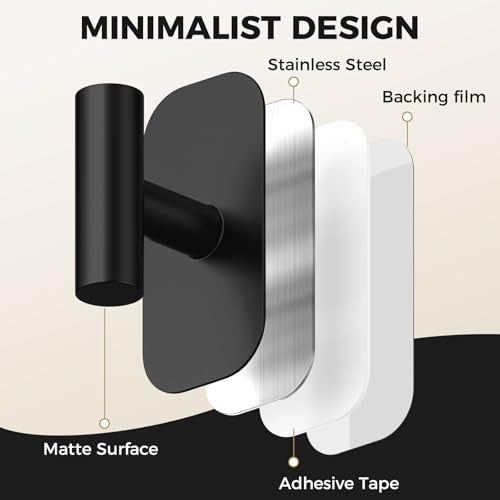 IMUMU Adhesive Towel Hooks, Heavy Duty Stainless Steel Wall Hanger - Black, 2pk