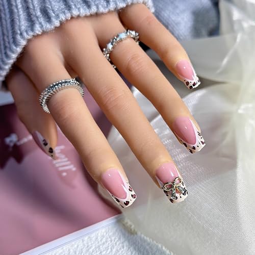 Square Medium Press on Nails French False Nails with Leopard and Bow Charms
