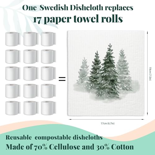 Christmas Pine Tree Swedish Dishcloths for Kitchen - Reusable & Washable 4 Pack - Christmas Tree Variation