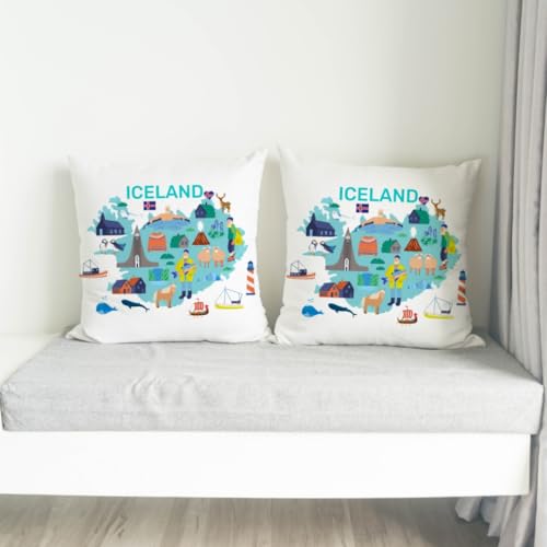 Iceland Travel Map Throw Pillow Cover - 18x18 Soft Flannelette