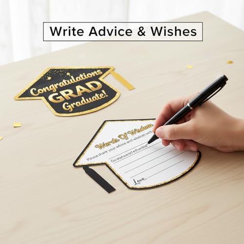 2026 Graduation Advice Cards - 50 Black & Gold Cap-Shaped Keepsakes