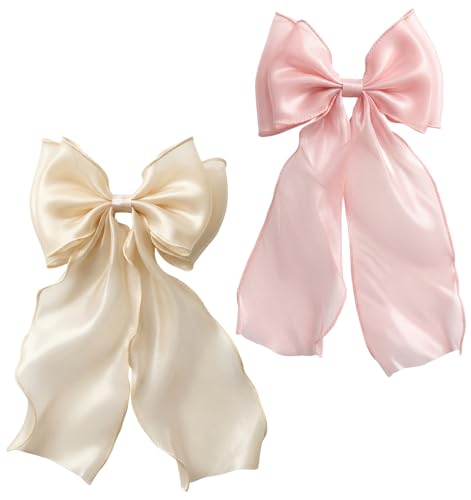 Light Pink Hair Bows with Long Ribbon Tail, 20cm Hair Clips for Women (2PCS)