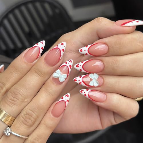 Valentine Press on Nails Short Almond White French Tip Heart Bow 24Pcs