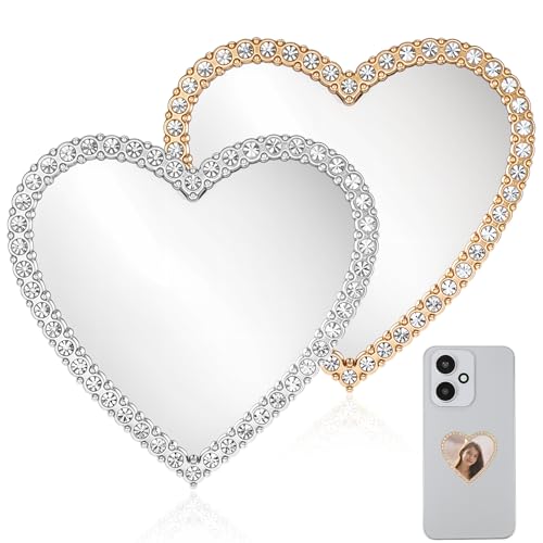 Larrel Heart Shape Phone Mirror 2 Pcs Self-Adhesive Rhinestone Bling Mobile Phone Case Makeup Mirror