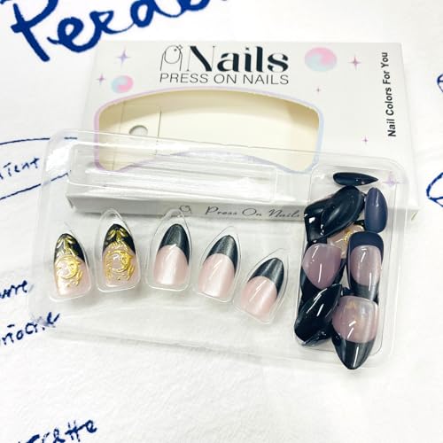 Black French Tip Press on Nails Short Almond False Nails with Gold Glitter