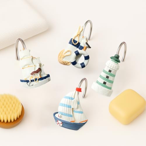 YOINIUEM Nautical Shower Curtain Hooks - White Boat Ocean Set of 12