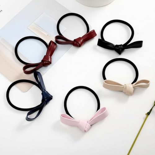 PU Leather Knotted Bow Hair Ties - 6 Pack Multicolored Ponytail Holders