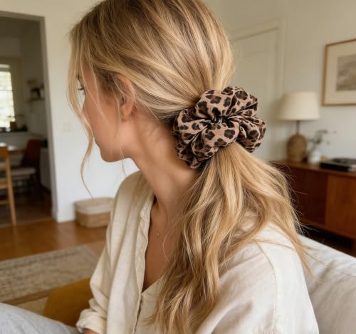 Leopard Print Satin Hair Scrunchies - 2 Pcs Large Cheetah Hair Ties