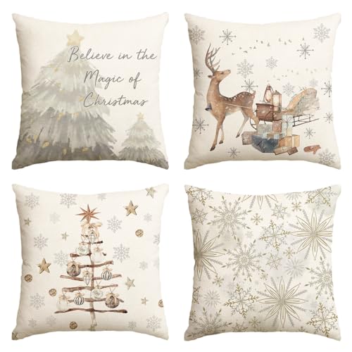 Christmas Snowflake Reindeer Throw Pillow Covers - Set of 4, 18x18