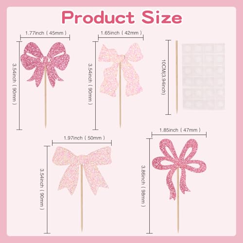 24 Pack Glitter Pink Bow Cupcake Toppers for Parties