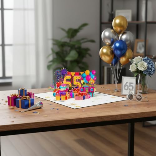 65th Birthday Pop Up Card - 3D Greeting Card with Balloons & Cake