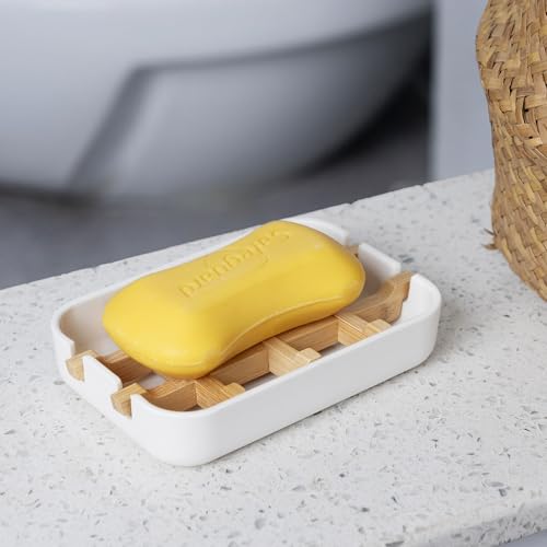 White Bamboo Soap Dish with Detachable Tray - Self-Draining