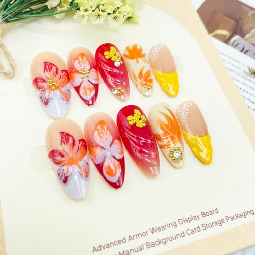BUNLVDI Medium Almond French Press on Nails with Fall Maple Leaf and Gold Star Design