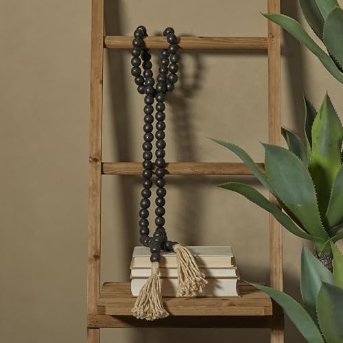 Deco 79 Mango Wood Handmade Round Long Carved Beaded Garland with Tassel, 80" x 1" x 1", Black