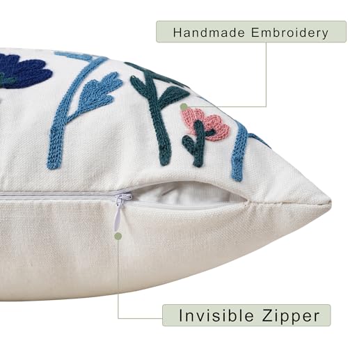 Merrycolor Floral Embroidered Pillow Cover 18x18 Cotton Canvas