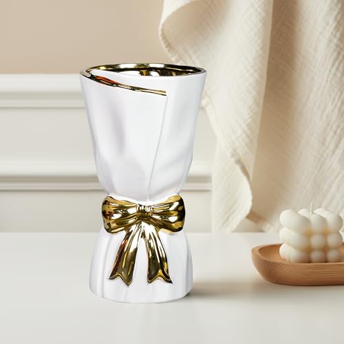 10 Inch White Bow Vase - Modern Ceramic Flower Vase for Home Decor