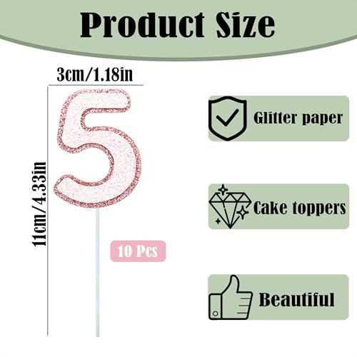 10 Pink Glitter Number 5 Cupcake Toppers for Birthday Parties