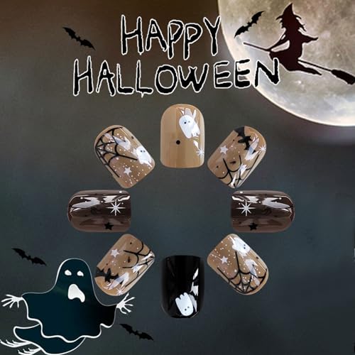 Halloween Press on Nails Short Square Brown Spider Web False Nails 24 Pcs
