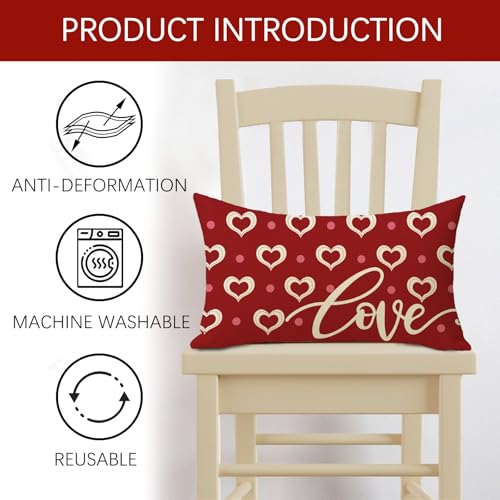 Valentine's Day Decorative Throw Pillow Cover 12x20 | Cotton Linen Love Heart Design