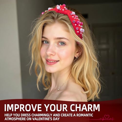 BLAAROOM Red Knotted Pearl & Rhinestone Headband for Women