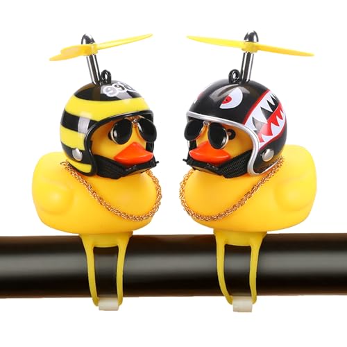2 Pack Rubber Duck Car Ornaments, Yellow Duck Car Dashboard Decorations Squeeze Duck Bicycle Horns with Propeller Helmet,Bandage and Gold Chain