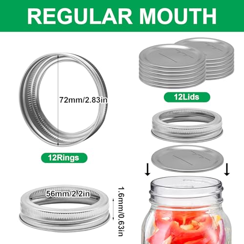 Regular Mouth Canning Lids and Rings - 12 Pack Mason Jar Seal Set