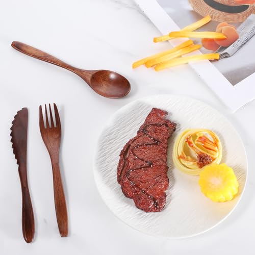 6 Pcs Wooden Utensils for Eating, Wooden Spoon Fork Cutlery Set Kitchen Wood Dinner Flatware Tableware Reusable Wood Spoon, Wooden Forks,Wooden Scraper for Travel and Camping