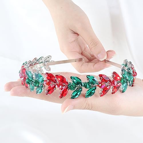 Brihasory Christmas Rhinestone Bridal Headband Red Green Hair Vine