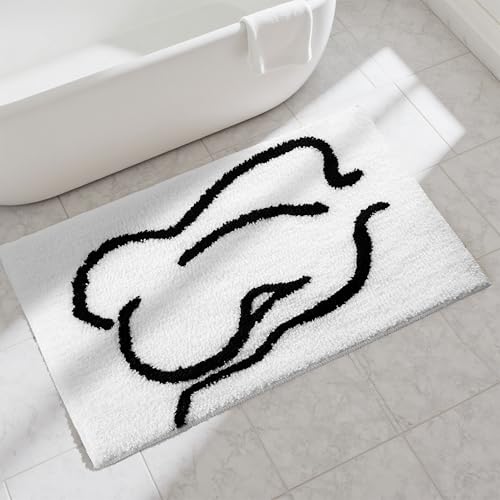 VivaNest Minimalist White Abstract Line Art Bathroom Mat 17x25in, Soft Microfiber Rug with Non-Slip TPR Back - Rectangular 1.5x2.1ft