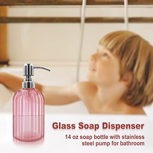 Pink Glass Soap Dispenser with Stainless Steel Pump - 14 Oz