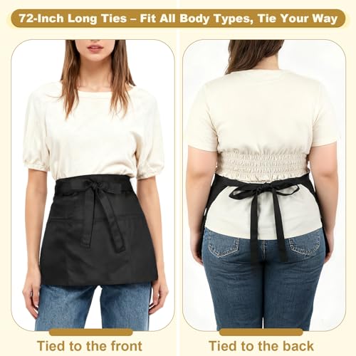2-Pack Adjustable Black Server Aprons with 3 Pockets