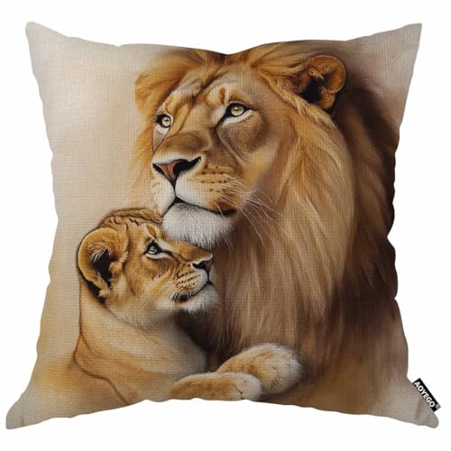 AOYEGO Lion and Cub Throw Pillow Cover - 18x18 Inch Cotton Linen Cushion
