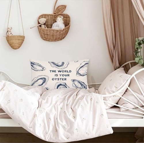 The World Is Your Oyster Coastal Lumbar Pillow Cover - Blue 12x20 Inch