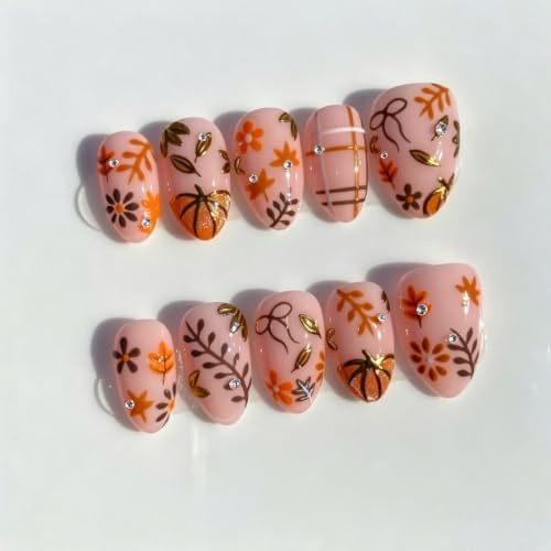 Fall Press On Nails Short Almond Thanksgiving Fake Nails with Rhinestones