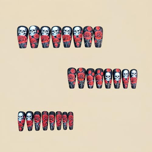 Black Coffin Press on Nails with Red Rose Skull Halloween Design