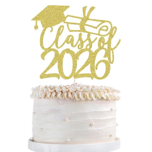 2026 Gold Graduation Cake Topper - Glitter Party Decoration