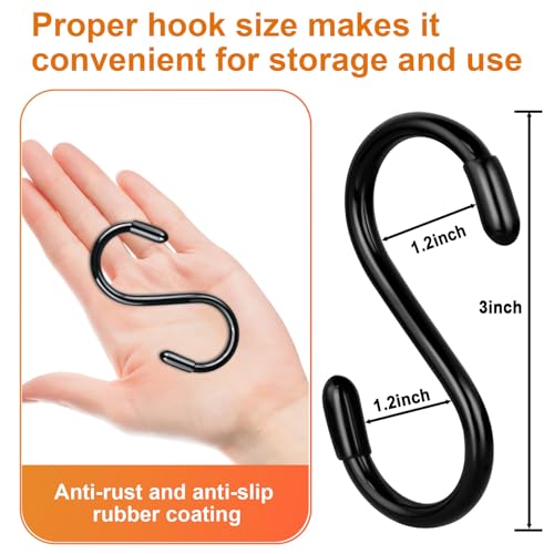 12 Pack Heavy Duty Vinyl Coated 3 Inch S Hooks for Closet, Kitchen & Garden - Black