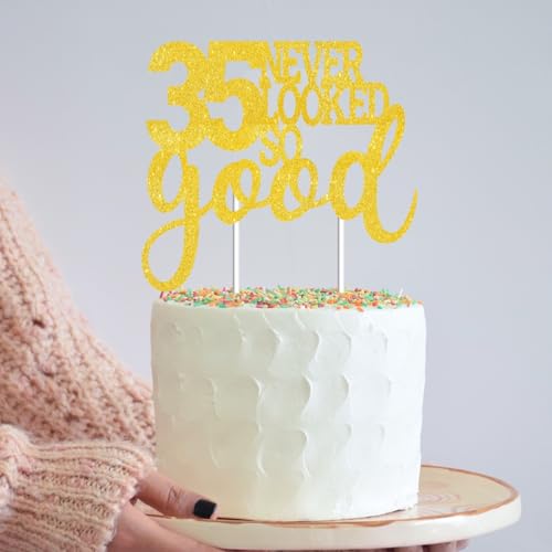 35 Never Looked So Good Gold Glitter Cake Topper for 35th Birthday